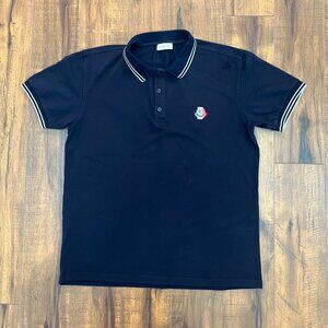 Moncler Cotton Pique Navy Polo with White White Stripes on Sleeves